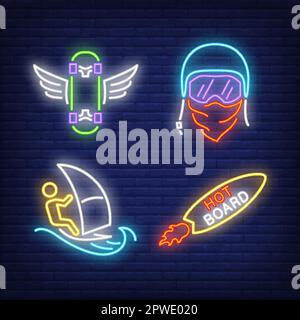 Neonschilder für Surfbretter, Skateboards und Windsurfer Stock Vektor