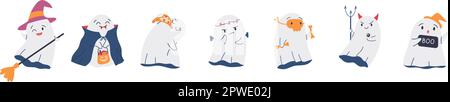 Niedliche lustige Geister-Kollektion. Set mit niedlichen, gruseligen Figuren für Halloween. Fliegende Cartoon-Phantome. Isolierte Darstellung des Flachvektors Stock Vektor