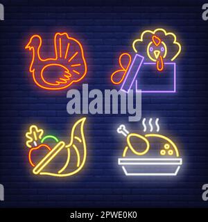 Thanksgiving-Neonschild-Set. Dampfendes gegrilltes Geflügel Stock Vektor
