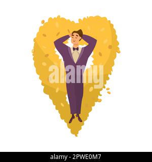 Ein reicher Mann liegt auf einem Haufen Goldmünzen, ein Zeichentrickfilm Stock Vektor