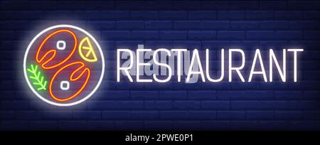 Restaurant Neon Text, Lachs Steak, Rosmarin und Zitrone auf Gericht Stock Vektor