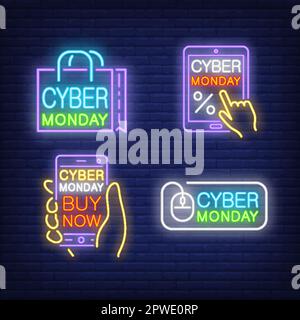 Cyber Monday, jetzt kaufen Buchstaben und Geräte Neon-Schilder Set Stock Vektor