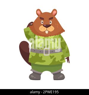 Süße Biberfigur in Tarnkarikaturenbildner Stock Vektor
