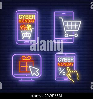 Online-Shopping, Computer, Gadget und Wagen mit Neonschildern Stock Vektor