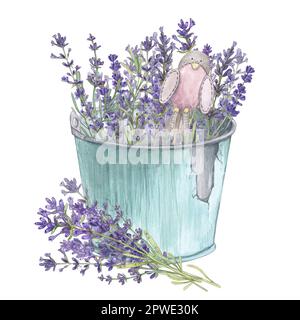 Lavendelfarbener Strauß in einem Eimer isoliert auf weißem Hintergrund Aquarelle Darstellung provenzalischer Blumen. Französischer Stil. Das botanische Bild der Blumen. Su Stockfoto