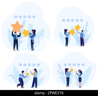 Die Personen, die fünf-Sterne-Feedback geben, repräsentieren die Bedeutung der Kundenzufriedenheit und die Rolle, die sie für den Erfolg eines Unternehmens spielt. Bewertungen Sterne mit guten und schlechten Preisen. Vektor. Stock Vektor