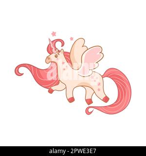 Süßes glückliches Einhorn fliegt in Sky Cartoon Illustration Stock Vektor