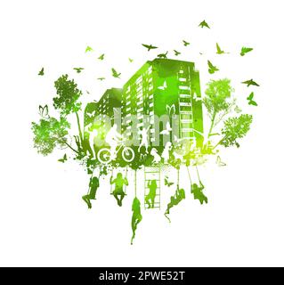 Grünes Blatt mit umweltfreundlichen Gebäuden und Menschen in der Stadt. Die Silhouette einer grünen Stadt mit Menschen. Ökologie Urban. Vektordarstellung Stock Vektor