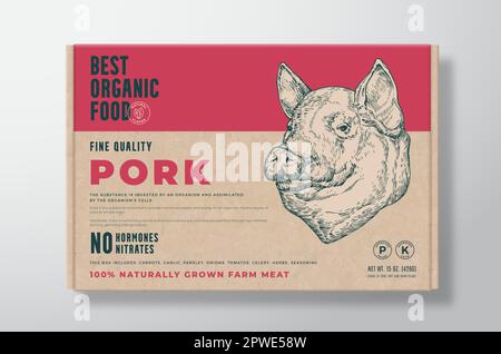 Verpackungsetikett für Bio-Schweinefleisch-Vektoren auf einem Karton aus Kunsthandwerk. Moderne Typografie und handgezeichneter Schweinekopf im Hintergrund Stock Vektor
