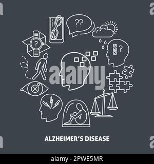 Alzheimer-Symptome rund Konzept in Linie Stil. Banner oder Poster Vorlage mit Senioren Krankheitszeichen Symbole. Demenz, Gedächtnisverlust, Stimmungswechsel und o Stock Vektor