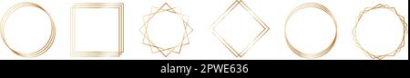 Goldene geometrische Rahmen im Art déco-Stil. Luxuriöse goldene Grenzen für Hochzeitseinladungen. Set mit dünnen, ovalen und quadratischen Linien zur Dekoration von Einladungen Stock Vektor
