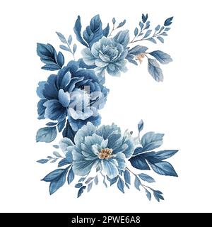 Rahmen aus Aquarellblau mit Vintage-Blumen. Stock Vektor