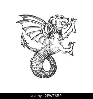 Mittelalterliche Heraldry, Löwendrachen-Skizze von Tieren mit Flügeln, Vektor-Heraldic-Vintage-Emblem. Ein heraldisches Biest, Symbol eines mittelalterlichen Wappens oder Antiker Stock Vektor