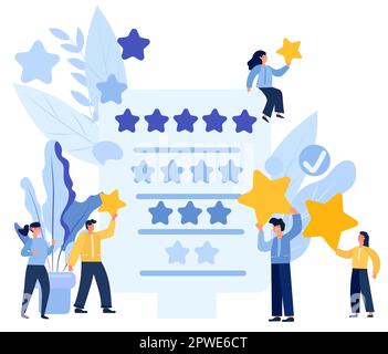 Die Personen, die fünf-Sterne-Feedback geben, repräsentieren die Bedeutung der Kundenzufriedenheit und die Rolle, die sie für den Erfolg eines Unternehmens spielt. Bewertungen Sterne mit guten und schlechten Preisen. Vektor. Stock Vektor