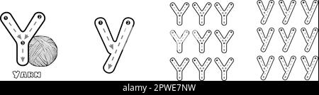 Buchstabe Y verfolgt ABC-Alphabet-Arbeitsblatt in Groß- und Kleinschreibung für Kinder englisches Vokabular. Handschriftliche Nachzeichnung Übungsvektordarstellung Stock Vektor