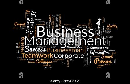 Word Cloud-Hintergrundkonzept für Business Management. Unternehmenskommunikation mit Konzept der Marketinglösung. vektordarstellung. Stock Vektor