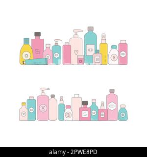 Helle Cartoon-Kosmetikflaschen, Gläser in Reihe. Süße Gesichtscreme, Reinigungsmittel, Seife zum Baden, Ölpeeling, Gesichtsgel-Lotion-Vektorbilder. Stock Vektor
