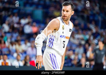 Madrid, Spanien. 30. April 2023. Rudy Fernandez (Real Madrid) während des Basketballspiels zwischen Real Madrid und Zaragoza Basket, gültig für den Spieltag 30 der spanischen Basketballliga ACB mit dem Namen â&#x80;&#x9c;Liga Endesaâ&#x80;&#x9d; gespielt im Wizink Center in Madrid am Sonntag, den 30. April 2023 Kredit: Unabhängige Fotoagentur/Alamy Live News Stockfoto