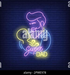 Super Dad Neon Text und Vater mit Kind Stock Vektor