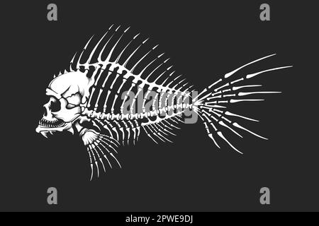 Menschlicher Schädel toter Fisch Skelett aus Knochen, isoliert auf Schwarz. Vektordarstellung Stock Vektor