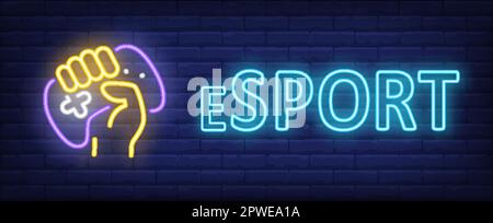 ESport-Neon-Text mit Hand-haltendem Gamepad Stock Vektor