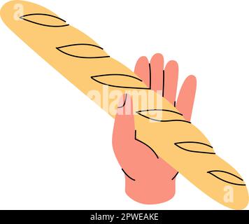Symbol für Hand haltendes Baguette. Silhouette für Backwaren und Backwaren. Vektordarstellung. Stock Vektor