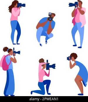 Eine Reihe von afroamerikanischen Posen Fotografen und Kameras. Kreativberuf oder -Beruf. Süße dunkle Figuren in einem flachen Stil von Frau und Mann machen ein Foto, arbeiten. Farbiger Vektor. Stock Vektor