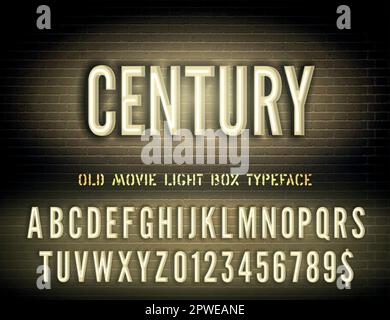 Vector Century Nachtlicht-Schild im alten Filmstil und schmale gelbe Neonkastenschrift mit Zahlen auf dunklem Backsteinhintergrund Stock Vektor