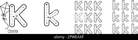 ABC-Arbeitsblatt mit Buchstaben K, Groß- und Kleinschreibung für Kinder, englisches Vokabular. Handschriftliche Nachzeichnung Übungsvektordarstellung Stock Vektor