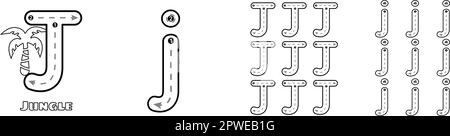 ABC-Arbeitsblatt mit Buchstaben J Trace in Groß- und Kleinschreibung für englisches Vokabular für Kinder. Handschriftliche Nachzeichnung Übungsvektordarstellung Stock Vektor