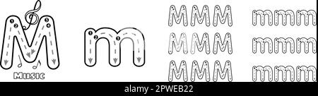ABC-Alphabet-Arbeitsblatt mit M-Trace in Groß- und Kleinschreibung für Kinder englisches Vokabular. Handschriftliche Nachzeichnung Übungsvektordarstellung Stock Vektor