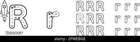 Buchstaben R-Trace ABC-Arbeitsblatt für Kinder, englisches Vokabular in Groß- und Kleinbuchstaben. Handschriftliche Nachzeichnung Übungsvektordarstellung Stock Vektor