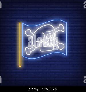 Schädel und gekreuzte Knochen auf der Flagge Neonschild Stock Vektor