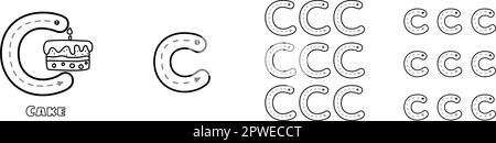 Buchstaben C, ABC-Arbeitsblatt in Groß- und Kleinschreibung für Kinder, englisches Vokabular. Handschriftliche Nachzeichnung Übungsvektordarstellung Stock Vektor