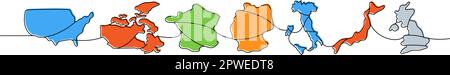 Gruppe von sieben Ländern, farbige eine Strichzeichnung. USA, Kanada, Frankreich, Deutschland, Italien, Einzeilige, farbenfrohe Abbildung für Japan und Großbritannien Stock Vektor