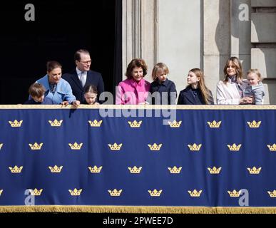 STOCKHOLM 20230430Prince Oscar, Kronprinzessin Victoria, Prinz Daniel, Prinz Oscar, Prinz Alexander, Königin Silvia, Prinz Gabriel, Prinzessin Estelle Stockfoto
