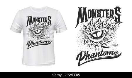Drachen- oder Dinosaurier-Monster-Tattoo, T-Shirt-Druck. Modell eines Vektortricks mit monochromer Reptilien-Augapfel und Stachelhaut. Schwarz-Weiß-Fantasie-Cre Stock Vektor