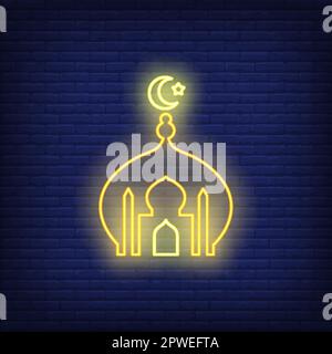 Moschee mit Neonschild mit Mond und Kuppel Stock Vektor