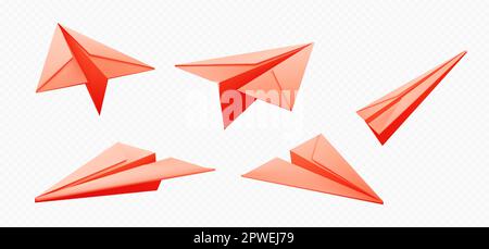 Symbole eines Flugzeugs aus Papier, das in der Luft fliegt. 3D Origami, Flugzeugmodell aus rotem gefaltetem Papierblatt isoliert auf transparentem Hintergrund, Vektor realistische Illustration Stock Vektor