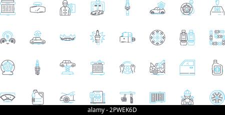 Kaufen Sie einen Satz linearer Fahrzeugsymbole. Fahrzeug, Auto, Auto, Kaufen, Einkaufen, Finanzierung, Leasinglinienvektor und Konzeptzeichen. Darlehen, Händlerbetrieb, Inzahlungnahme Stock Vektor