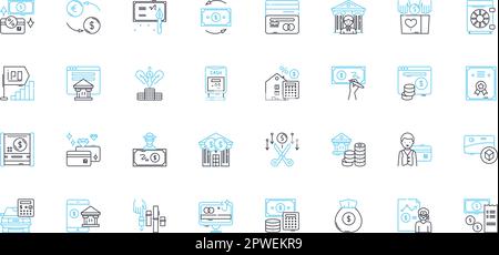 Lineare Symbole für elektronische Zahlungen festgelegt. Digital, kartenlos, sofort, Cashless, sicher, Praktische, sichere Linienvektor- und Konzeptschilder. Mobil, App-basiert Stock Vektor