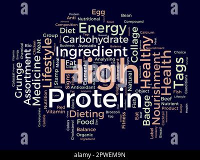 Wortwolkenhintergrundkonzept für hohe Proteinbelastung. Ändern Sie Ihren Lebensstil mit gesunder Ernährung Bio Essen. vektordarstellung. Stock Vektor