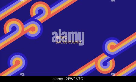 Hintergrund im Retro-Stil. Vintage-Poster mit diagonalen Linien und Kreisen. Farbenfrohes geometrisches Banner, Aufdruck, Cover im 60s-, 70s-, 80s-Stil. Darstellung der Vektorvorlage. Stock Vektor