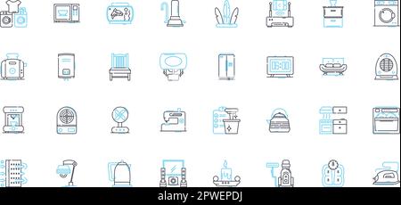 Lineare Symbolgruppe für Haushaltsgeräte. Kühlschrank, Herd, Spülmaschine, Mikrowelle, Toaster, Blender, Kaffeemaschine Linienvektor und Konzeptschilder Stock Vektor