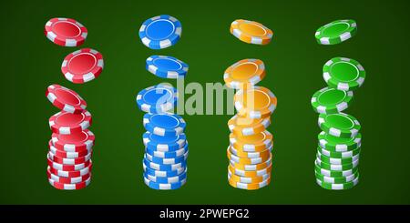 Vektorset für den Spielkasino-Stack mit fallenden Poker-Chips. Blauer, grüner, roter und gelber Blackjack-Spielgeld aus Plastik 3D realistische Illustration. Isolierte, farblose Spielwährung für Roulette-Design Stock Vektor