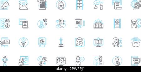 Lineare Symbole für soziale Nervosität gesetzt. Verbindungen, Community, Interaktionen, Beziehungen, Engagement, Zusammenarbeit, Linienvektor- und Konzeptzeichen gemeinsam nutzen Stock Vektor