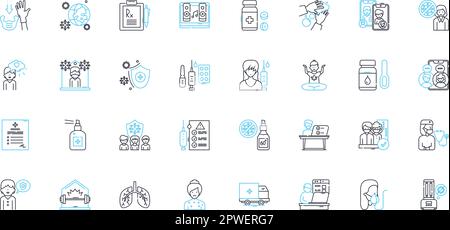 Lineare Symbole für Pandemieausbruch gesetzt. Virus, Infektion, Ausbruch, Quarantäne, Sperrung, Pandemie, ansteckender Linienvektor und Konzeptzeichen. Isolation Stock Vektor