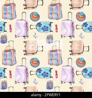 Nahtloses Muster von Reisekoffern, handgezeichnet in Aquarell. Geeignet zum Erstellen von brillanten Illustrationen, Werbebroschüren, Entwerfen von Reise-Websites Stockfoto