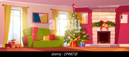 Weihnachtliches Wohnzimmer mit Kamin. Vektordarstellung des gemütlichen Innenraumdesigns. Bunte Geschenkboxen unter dekoriertem Weihnachtsbaum, große Fenster, grüne Couch, Bücher auf dem Tisch, Bilder an der Wand Stock Vektor
