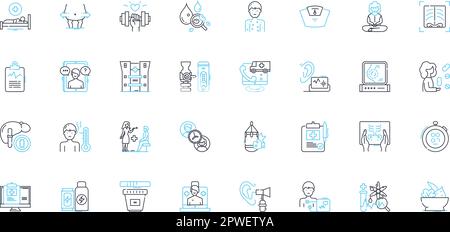 Lineare Symbole für den medizinischen Dienst eingestellt. Diagnose, Behandlung, Chirurgie, Rehabilitation, Prävention, Medizin, Gesundheitslinienvektor und Konzeptzeichen. Wellness Stock Vektor